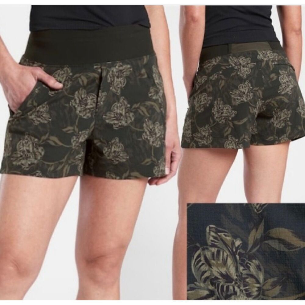Athleta Women's Trekkie North Printed Floral Shorts Size 18 Olive Green